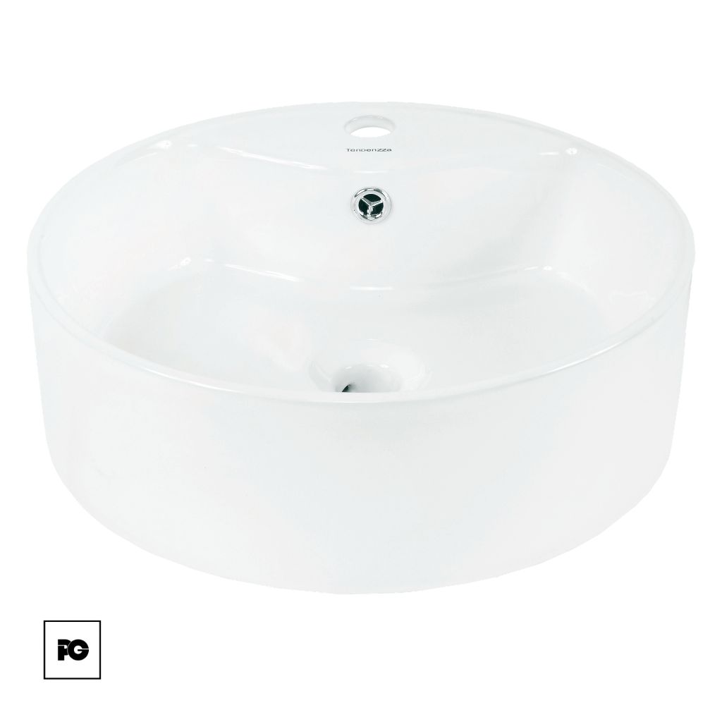 Round white ceramic bathroom vessel sink with central drain and faucet hole on rim